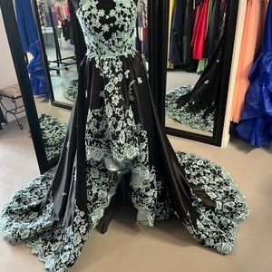 Elegant High Low Black and Blue Lace Dress